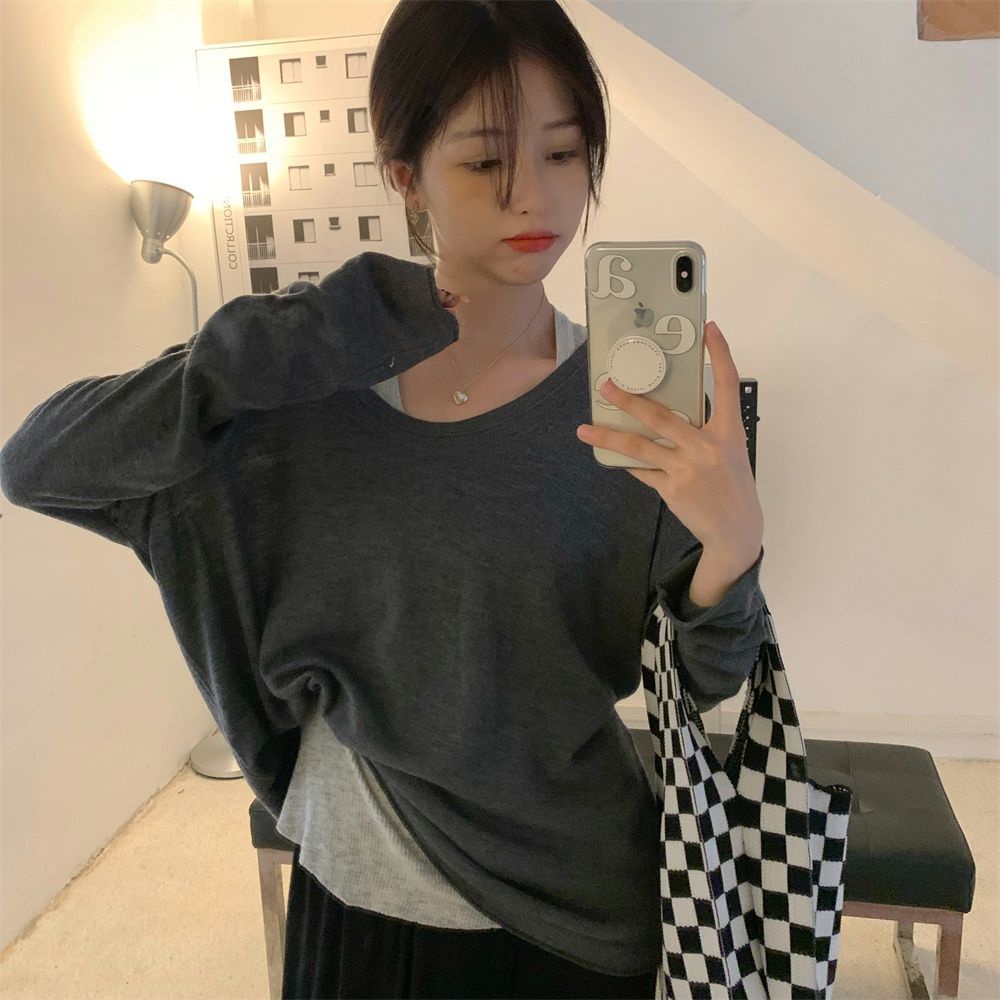 Áo Thun Tay Dài Màu Xám Thiết Kế Mới 2022 Phong Cách Âu Mỹ Cho Nữ