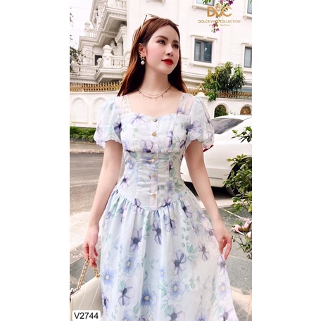 V2744 váy voan hoa màu xanh nhạt