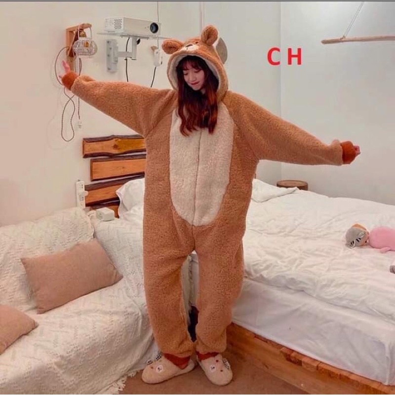 Bộ lông gấu màu nâu, bộ gấu liền thân thêu hình đẹp cho nữ siêu ấm, đồ ngủ mùa đông lông cừu giữ nhiệt tốt