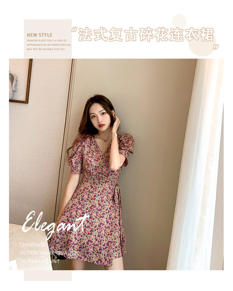 M-4XL Floral Dress Casual Dress Puff Sleeve Retro Plain Floral Print Square Neck Lace Up Bubble Sleeve Dress with Sleeves | BigBuy360 - bigbuy360.vn