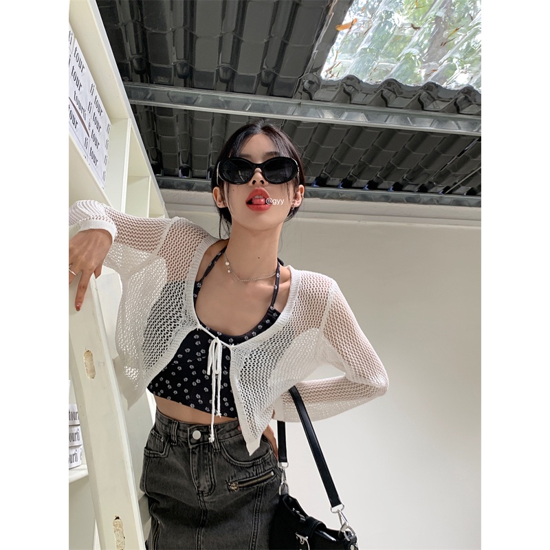 Áo khoác cardigan tay dài thắt dây/ Áo kiểu cổ yếm họa tiết hoa IHKKE thời trang mùa hè dành cho nữ