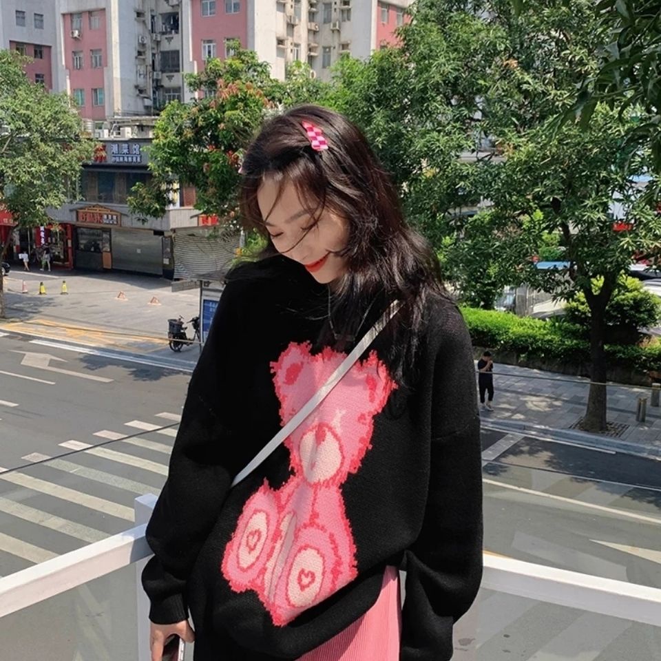 Áo sweater dáng rộng in hình gấu Klein dễ thương thời trang mùa thu mới 2021