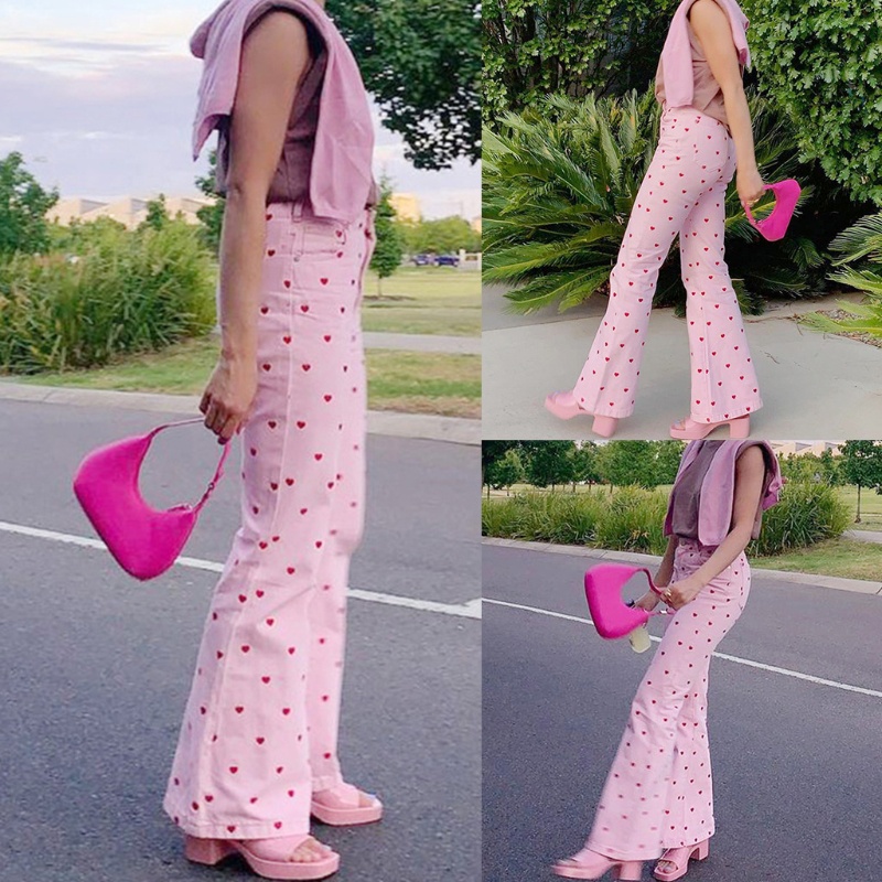 Quần Ống Loe Lưng Cao Họa Tiết Chấm Bi Phong Cách Harajuku Cho Nữ