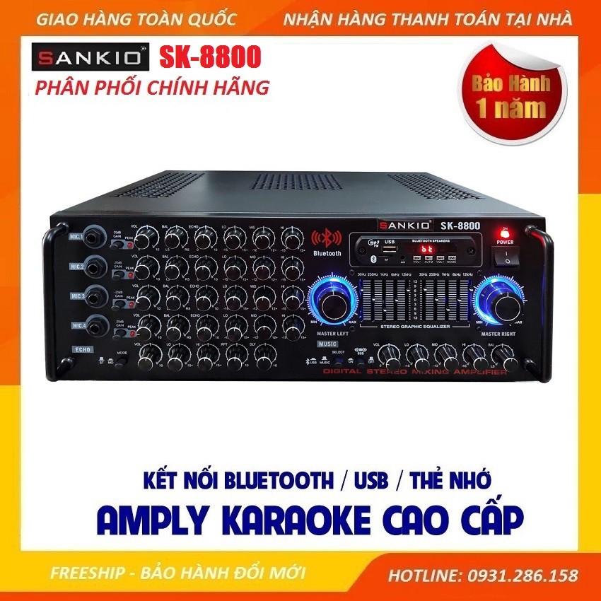 [BH đổi mới] Amply Bluetooth SANKIO SK 8800 - Âm ly karaoke 16 sò lớn, 2 quạt gió, 4 tụ nguồn lớn - Hàng cao cấp