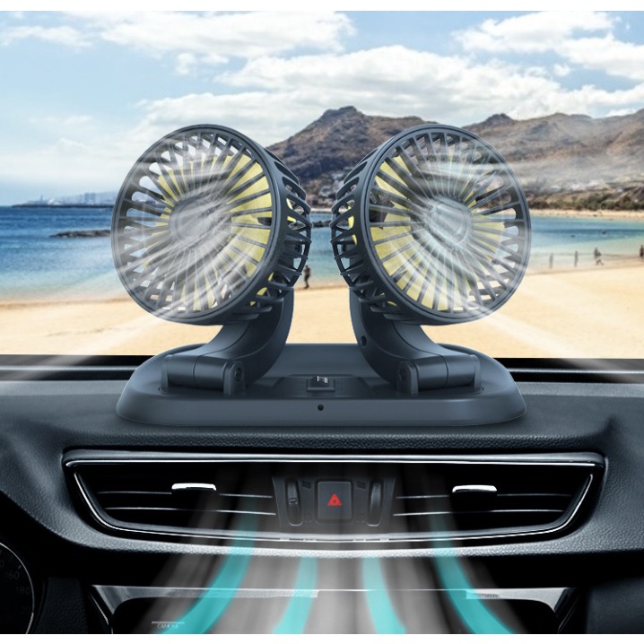 Quạt đôi mini 12v, 24v xoay 360 gắn taplo ô tô, xe tải