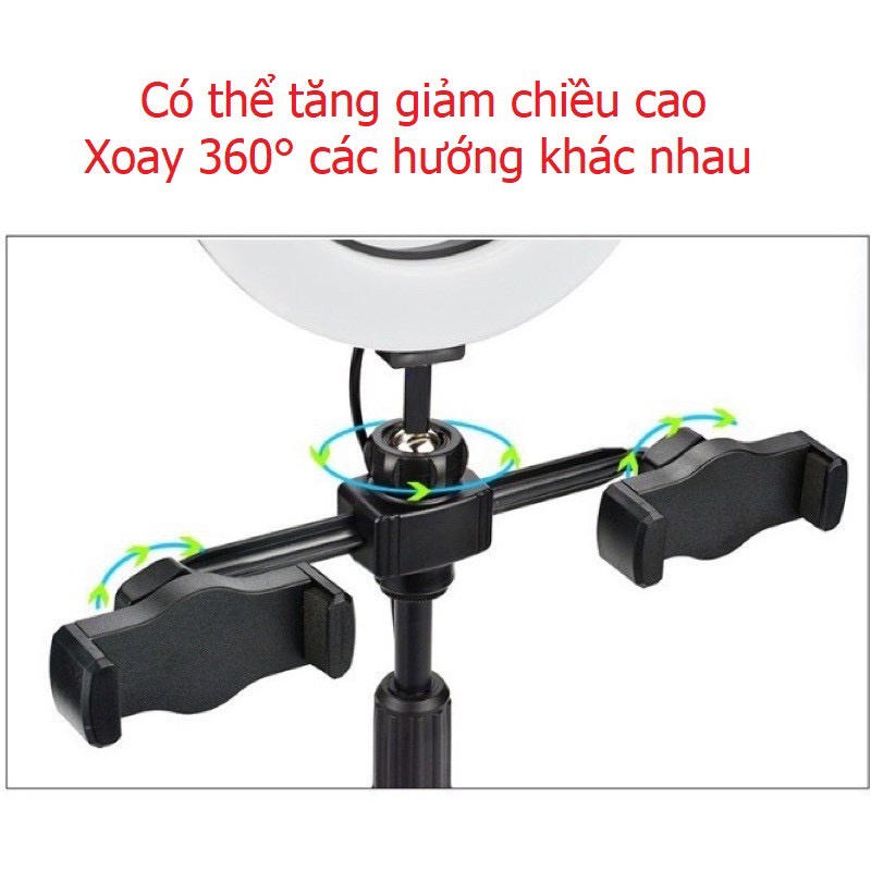 Đèn livestream để bàn 2 kẹp điện thoại cao cấp, vòng led 16cm 3 màu ánh sáng, Đèn livestream bán hàng đa năng