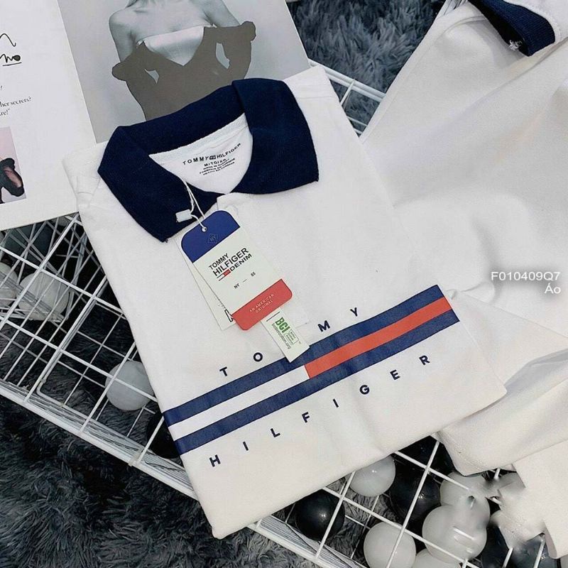 Áo tommi cổ bẻ ngực phối viền sọc tay ngắn bo viền 0104