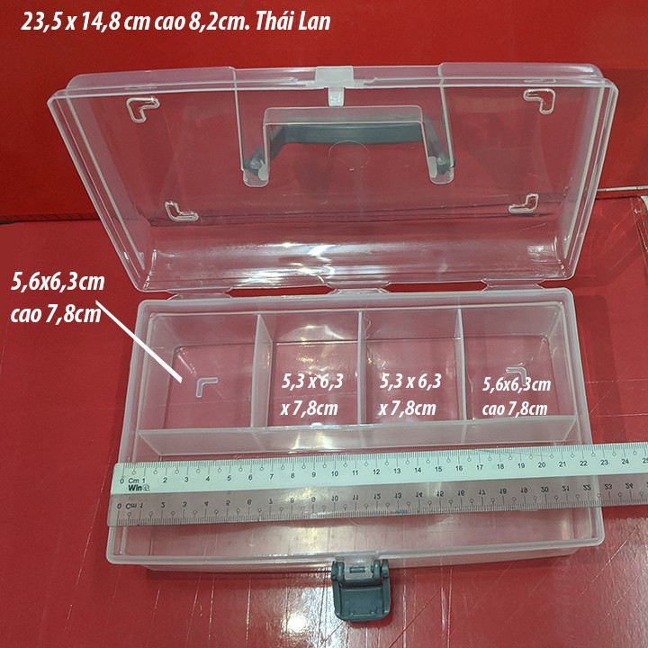 Hộp dụng cụ 5 ngăn, có khóa cài, quai xách 23,5x14,8cm cao 8,2cm. Sx tại Thái Lan