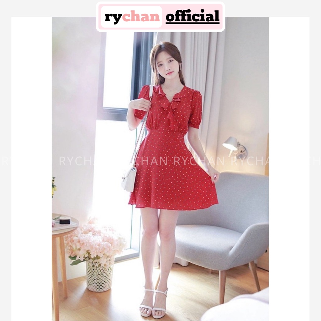 Đầm Nữ Đi Chơi Bi Trắng Cổ Bèo Nơ Eo Chun Eo Cực Trẻ Trung Màu Đỏ [ẢNH THẬT CUỐI] - DX9951