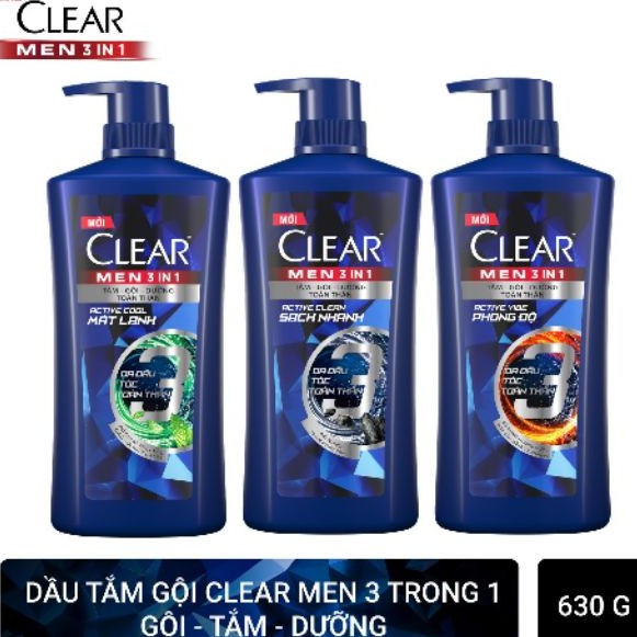 Dầu Tắm Gội Clear Men 3 Trong 1 (630g)