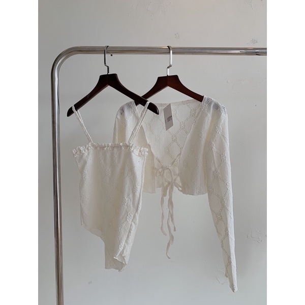 Set áo 2 đây kèm áo cardigan lưới buộc nơ 744