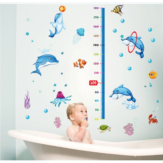 Decal trang trí thước đo Cá Heo Xanh cho Bé