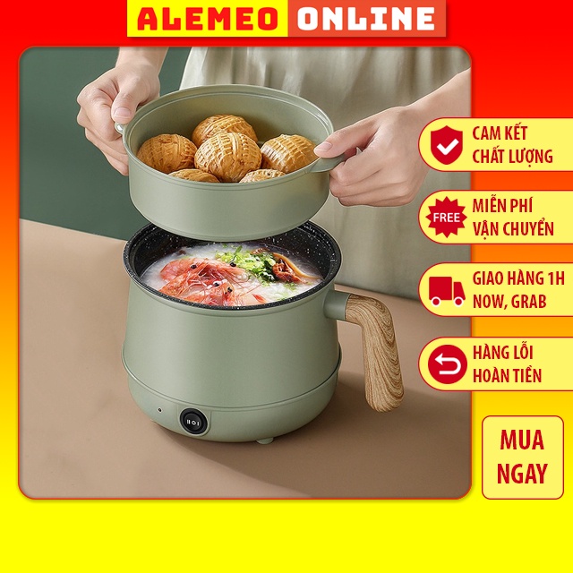 Nồi lẩu điện mini 2 tầng có vỉ hấp 1.6L tay cầm vân gỗ, ca nấu mì siêu tốc - Alemeo Online