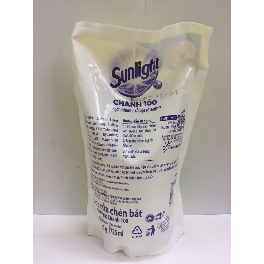 Nước rửa chén Sunlight chanh 100 túi 750g