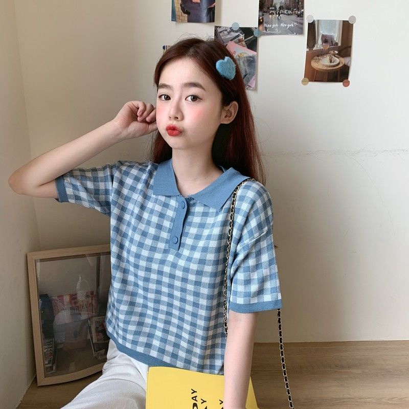Áo Thun Nữ Sọc Caro Tay Ngắn Cute