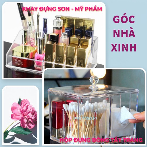 Hộp Đựng Bông Tẩy Trang Khay kệ đựng son trong suốt có 24 ô để đồ trang điểm mỹ phẩm