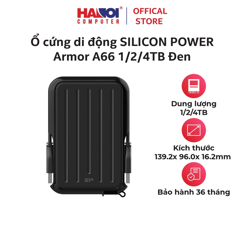 Ổ cứng di động SILICON POWER Armor A66 Đen USB 3.2, Chống tia nước tiêu chuẩn IPX4, chống sốc