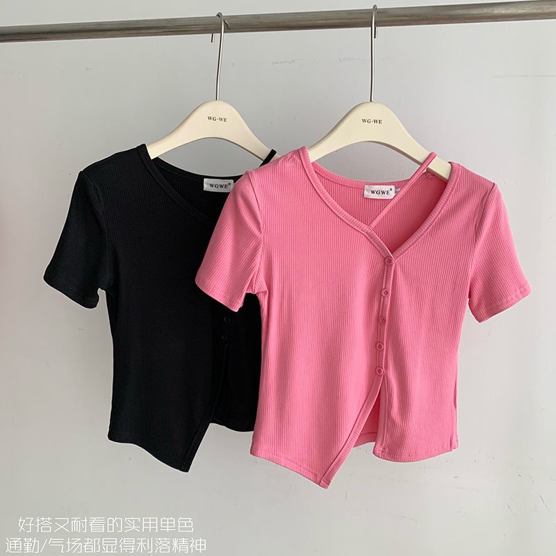 Áo Thun Tay Ngắn Dáng Ôm Xẻ Tà Kiểu Hàn Quốc Thời Trang Mùa Hè Cho Nữ