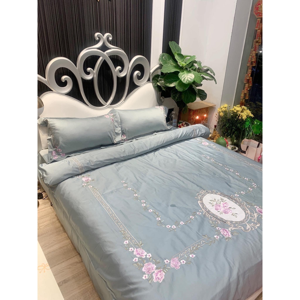 Set chăn ga gối cotton lụa thêu, Bộ 5 món ga gối mền cưới cao cấp tặng vỏ gối ôm