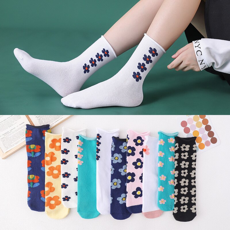 Japanese Korean Style Women Flower Socks Casual Cotton Socks Flower Cute Streetwear Skate Kawaii Socks Sweet Socks Harajuku