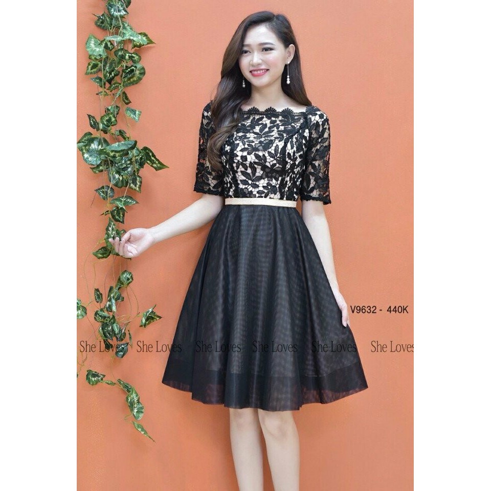 đầm xòe bẹt vai pha ren phối lưới
