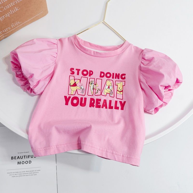 Áo Thun Cotton Tay Phồng Ngắn Dáng Rộng In Hoạt Hình Thời Trang Hè Xinh Xắn Cho Bé Gái