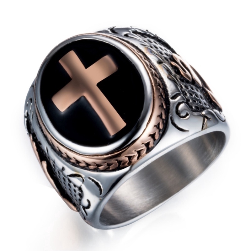 Nhẫn inox mạ bạc chạm khắc họa tiết phong cách punk