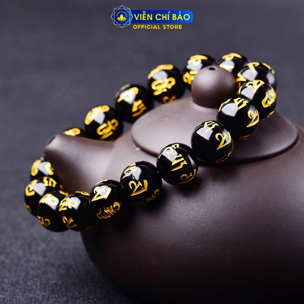 Vòng tay phong thủy đen khắc chữ Om chất liệu đá thời trang nữ phụ kiện trang sức Viễn Chí Bảo V000123