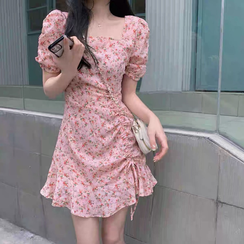 Đầm Chiffon Dáng Chữ A Tay Phồng Cột Dây In Họa Tiết Hoa Thời Trang Mùa Hè Cho Nữ