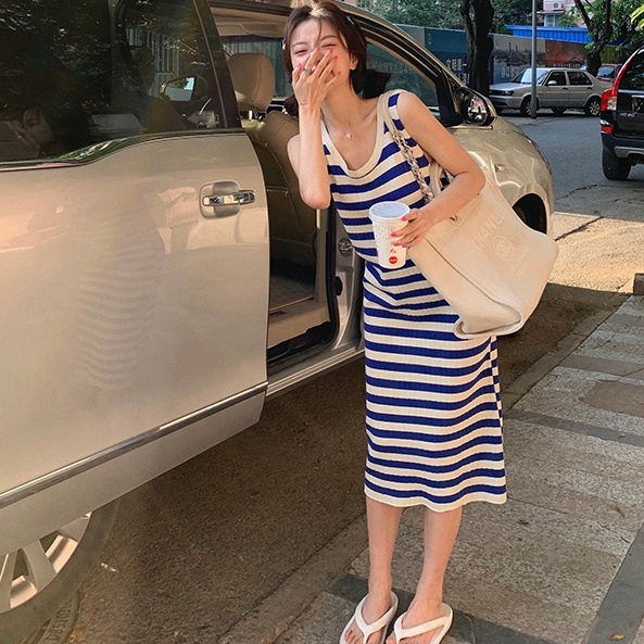 Đầm dệt kim ZHELIHANGFEI không tay họa tiết kẻ sọc thời trang cho nữ