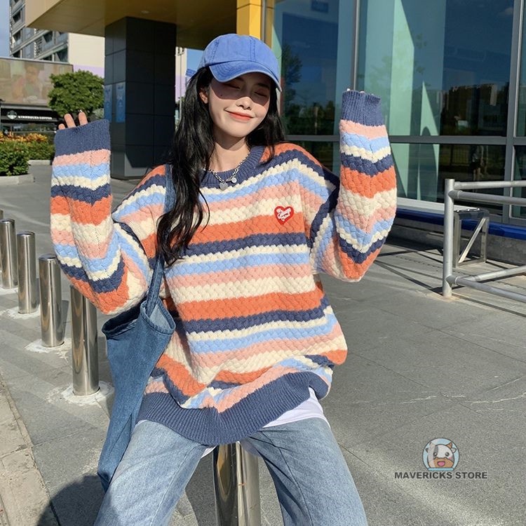 Áo sweater dệt kim chui đầu màu cầu vồng dễ phối đồ thời trang thu đông cho nữ