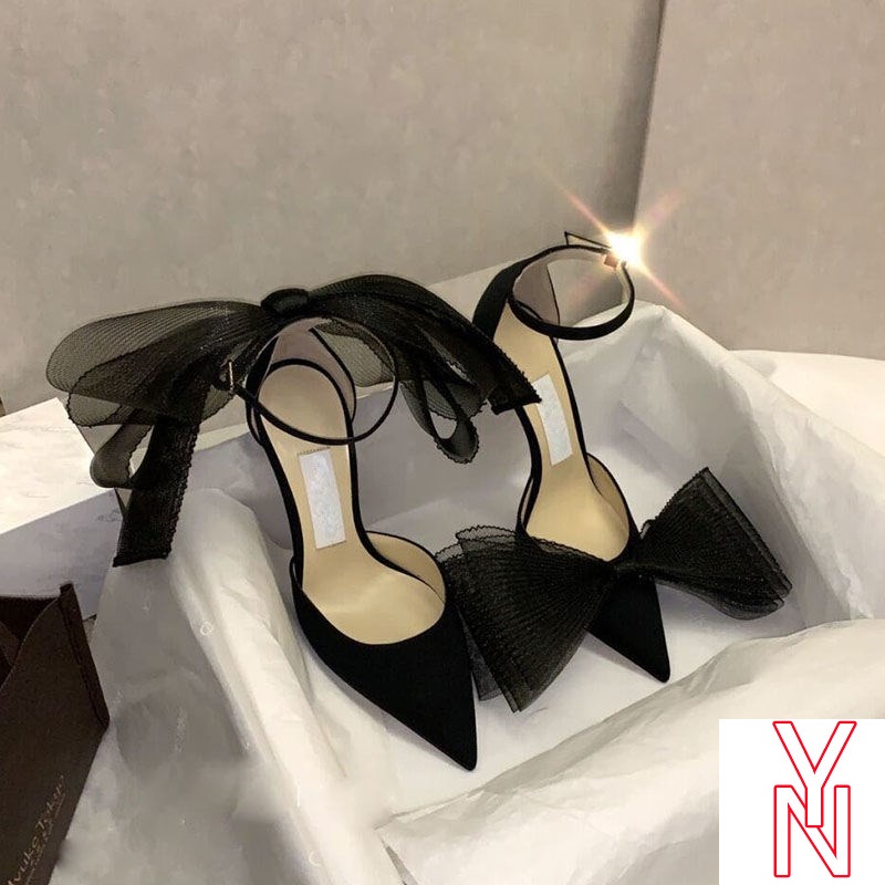 Giày Cao Gót Mũi Nhọn Đính Nơ Màu Đen Thời Trang Xuân Quyến Rũ Dành Cho Nữ 2022