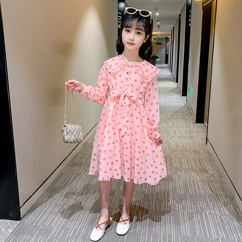 Đầm Tay Dài Cổ Bẻ Họa Tiết Chấm Bi Đơn Giản Thời Trang Mùa Hè Mới Dành Cho Bé Gái 2022