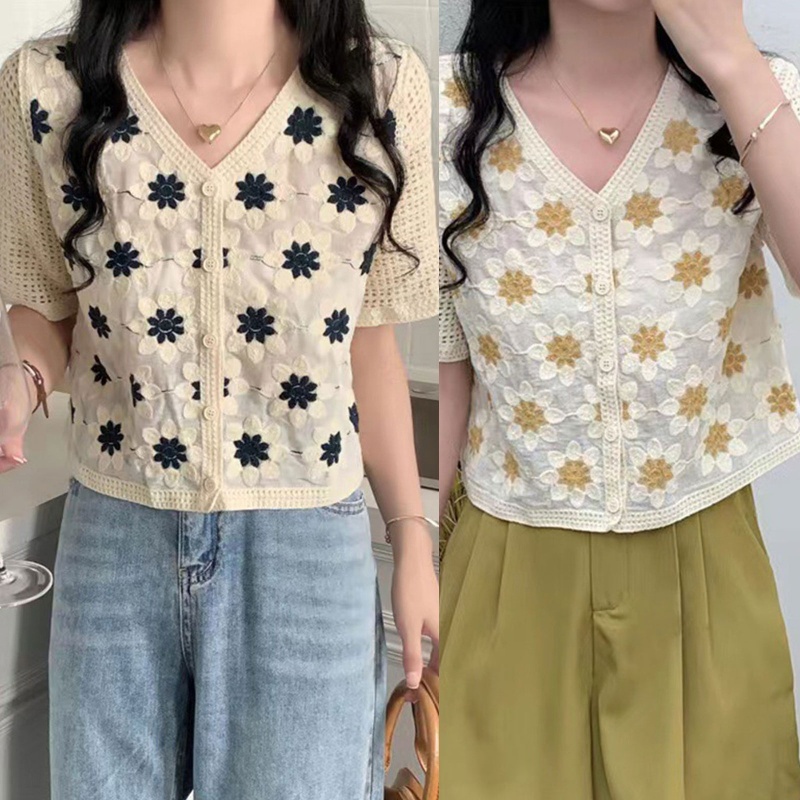 Áo Cardigan Dệt Kim Tay Ngắn Cổ Chữ V Cài Nút Họa Tiết Hoa Cúc Xinh Xắn Cho Nữ