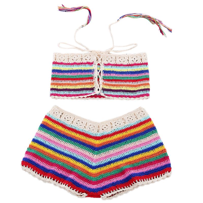 Bộ Bikini Dệt Kim Màu Cầu Vồng Thủ Công Phối Dây Rút Phong Cách Bohemian Quyến Rũ Cho Nữ