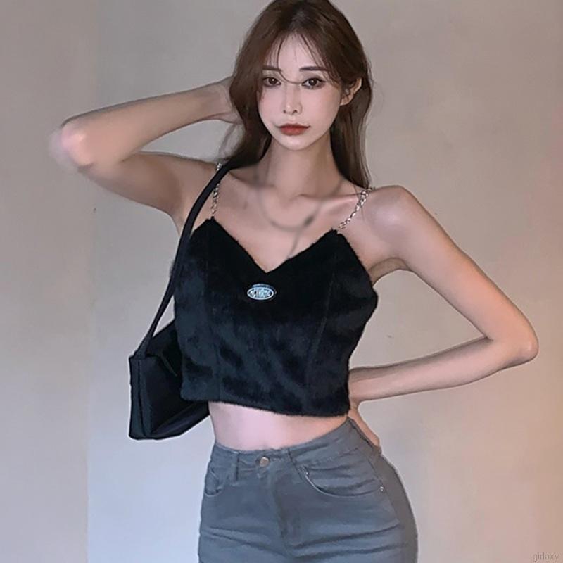 Áo Yếm Croptop Hai Dây Cổ Chữ V In Chữ Quyến Rũ Phong Cách Hàn Quốc