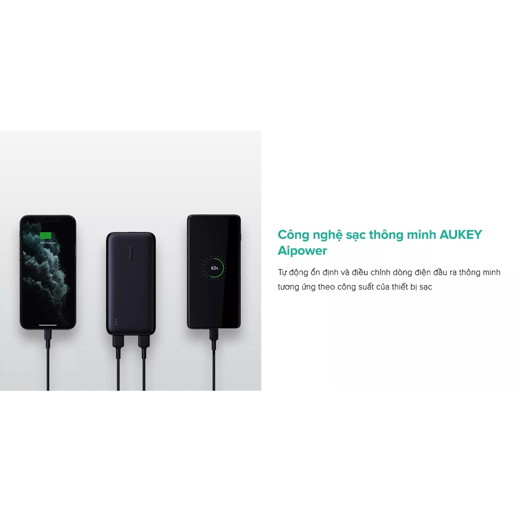 Sạc Dự Phòng Siêu Mỏng 10.000 mAh Aukey PB-N73 1 Cổng Sạc Nhanh Type C 15W, 2 Cổng USB-A - Hàng Chính Hãng