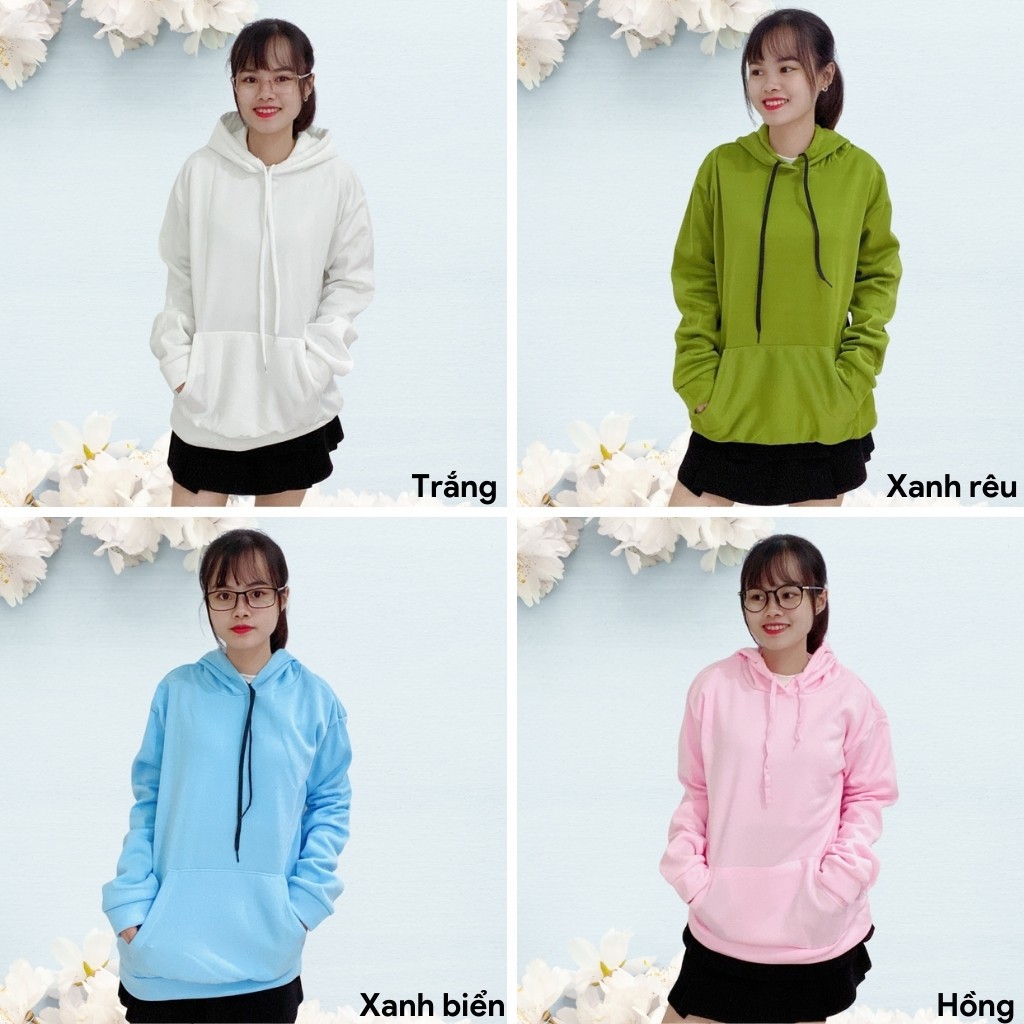 Áo khoác hoodie nỉ trơn unisex nam nữ có mũ 2 túi trước phom rộng nhiều màu