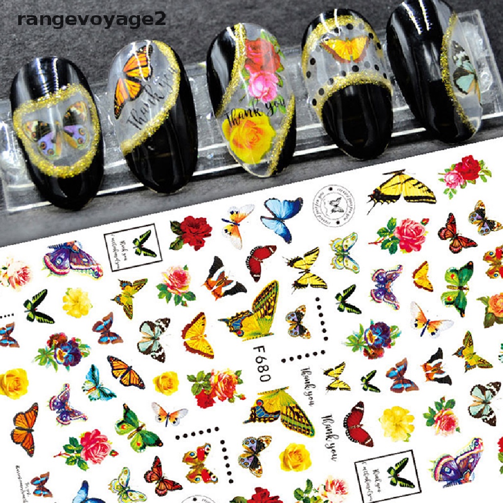 [rangevoyage2] Butterfly Nail Stickers Gradient Colorful Butterfly Rose Nail Sliders Decal [new]