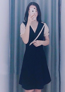 Đầm midi váy đen phối voan trắng (kèm hình thật)