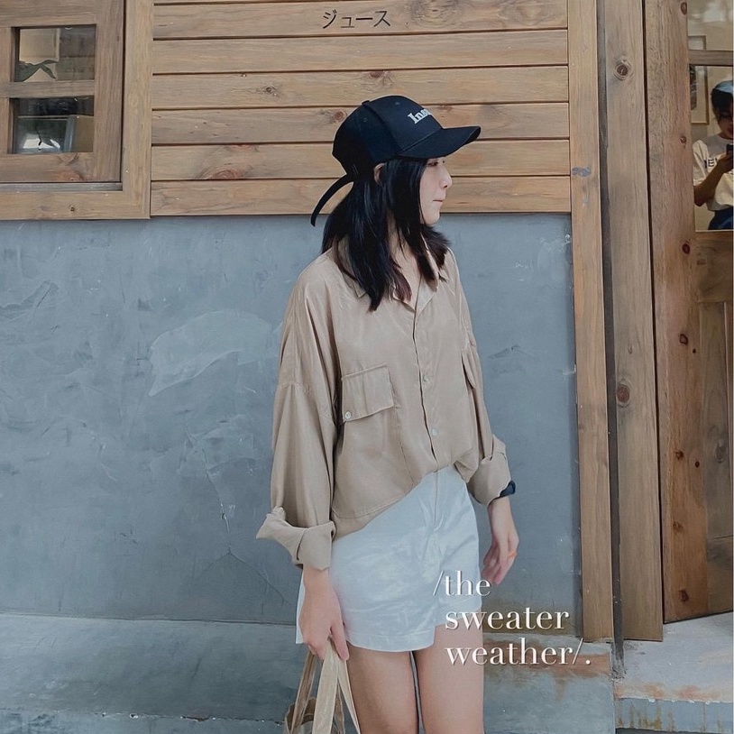 Áo sơ mi nữ form rộng dài tay Cheapy thô đũi 2 túi trắng nâu freesize dáng học sinh vintage Hàn Quốc C418