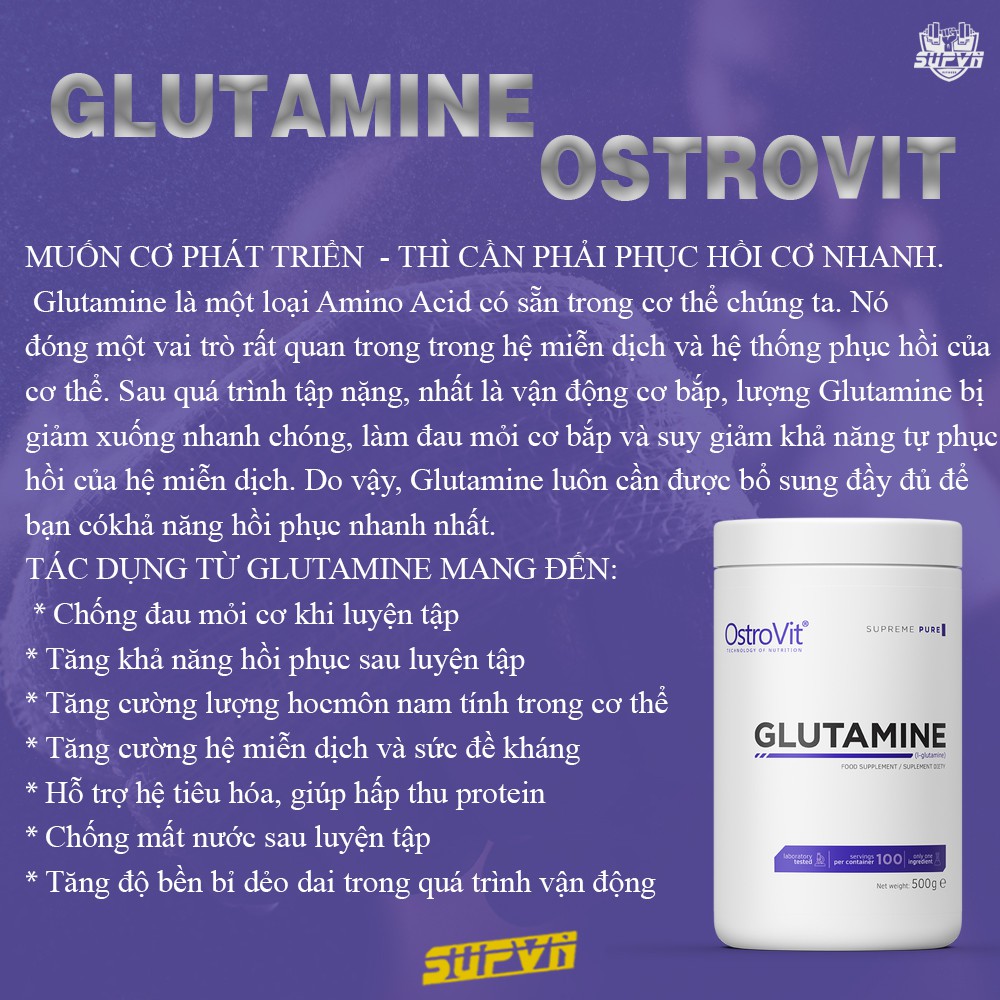 Glutamine Ostrovit 100 lần dùng - Đơn chất Glutamine giúp giảm đau và phục hồi cơ nhanh chóng 500g
