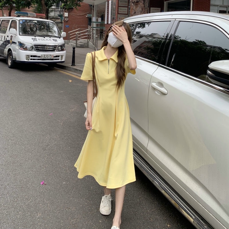 Đầm Chữ A Dài Qua Gối Tay Ngắn Cổ polo Thiết Kế Xếp Ly 2 Màu Sắc Cho Nữ