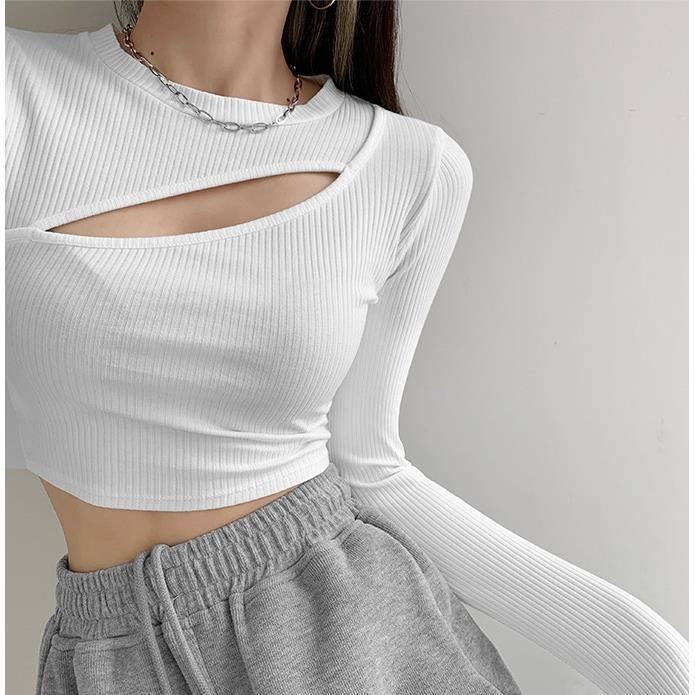 COZOK Áo Thun Dài Tay Vải Mỏng Khoét Ngực Gợi Cảm