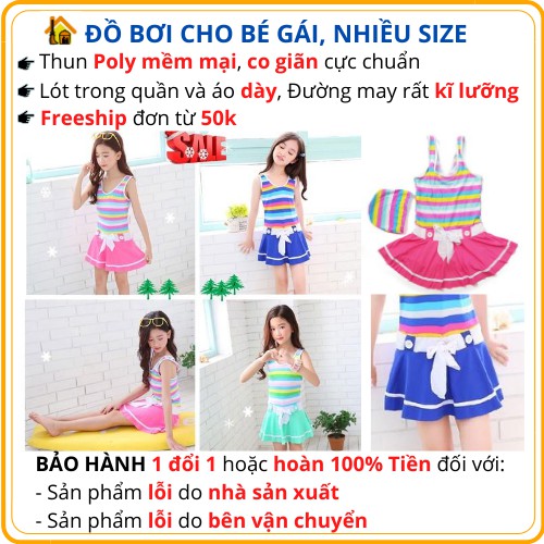 (TTTStore) ĐỒ BƠI LIỀN THÂN DẠNG VÁY CHO BÉ GÁI SỌC SẮC MÀU CỰC XINH - KÈM NÓN VẢI - CÓ SIZE BÉ LỚN