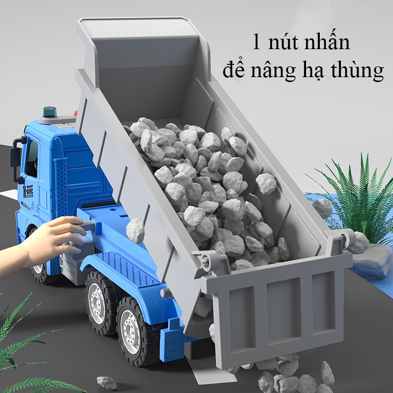 Đồ chơi xe tải nâng hạ thùng có nhạc và đèn, quay được vòng kèm hạt đậu, 2 hình người, thùng rác