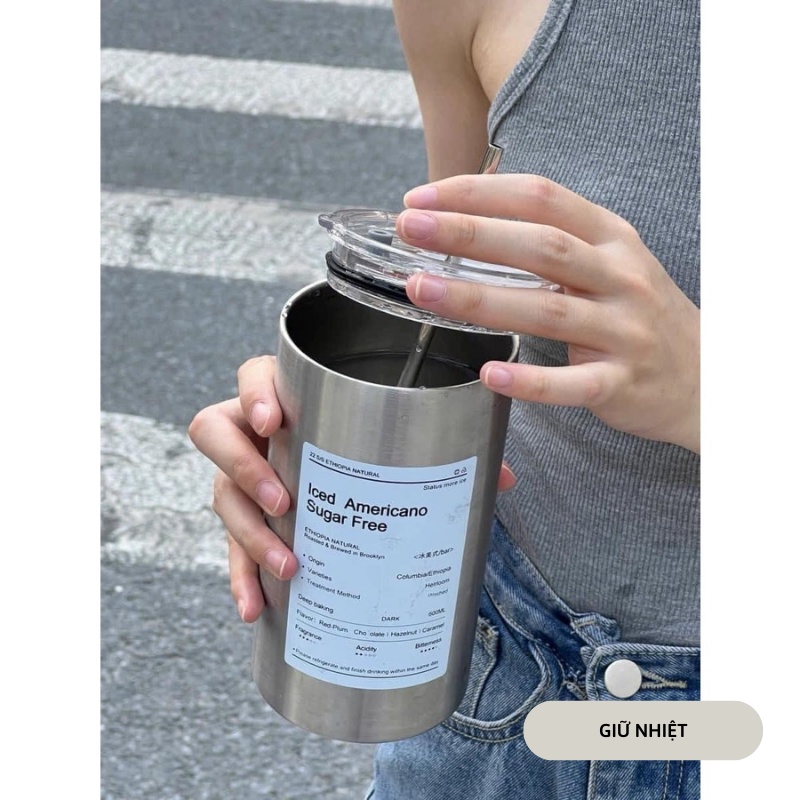 Ly giữ nhiệt bình giữ nhiệt 600 ml  Ame.ric.ano inox cao cấp kèm ống hút Miibooshi d2.121