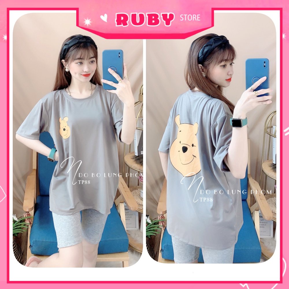 Đồ bộ thun lửng phom to cho nữ mặc nhà chất thun mềm mát in hình gấu hoạt hình dễ thương TP88