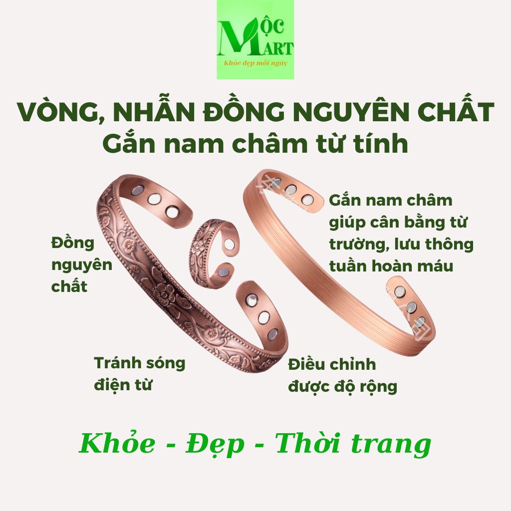 Vòng, nhẫn đồng nguyên chất có nam châm từ tính giúp cân bằng từ trường, lưu thông tuần hoàn máu