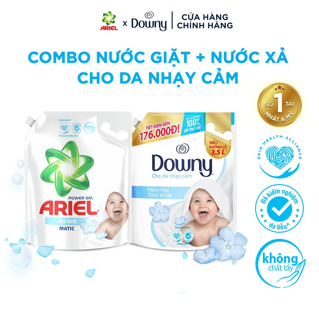 Combo Nước Giặt ARIEL Dịu Nhẹ Cho Da Nhạy Cảm Túi 3.25Kg VÀ Nước Xả Vải DOWNY Mềm Mại Tinh Khiết Túi 3.5L